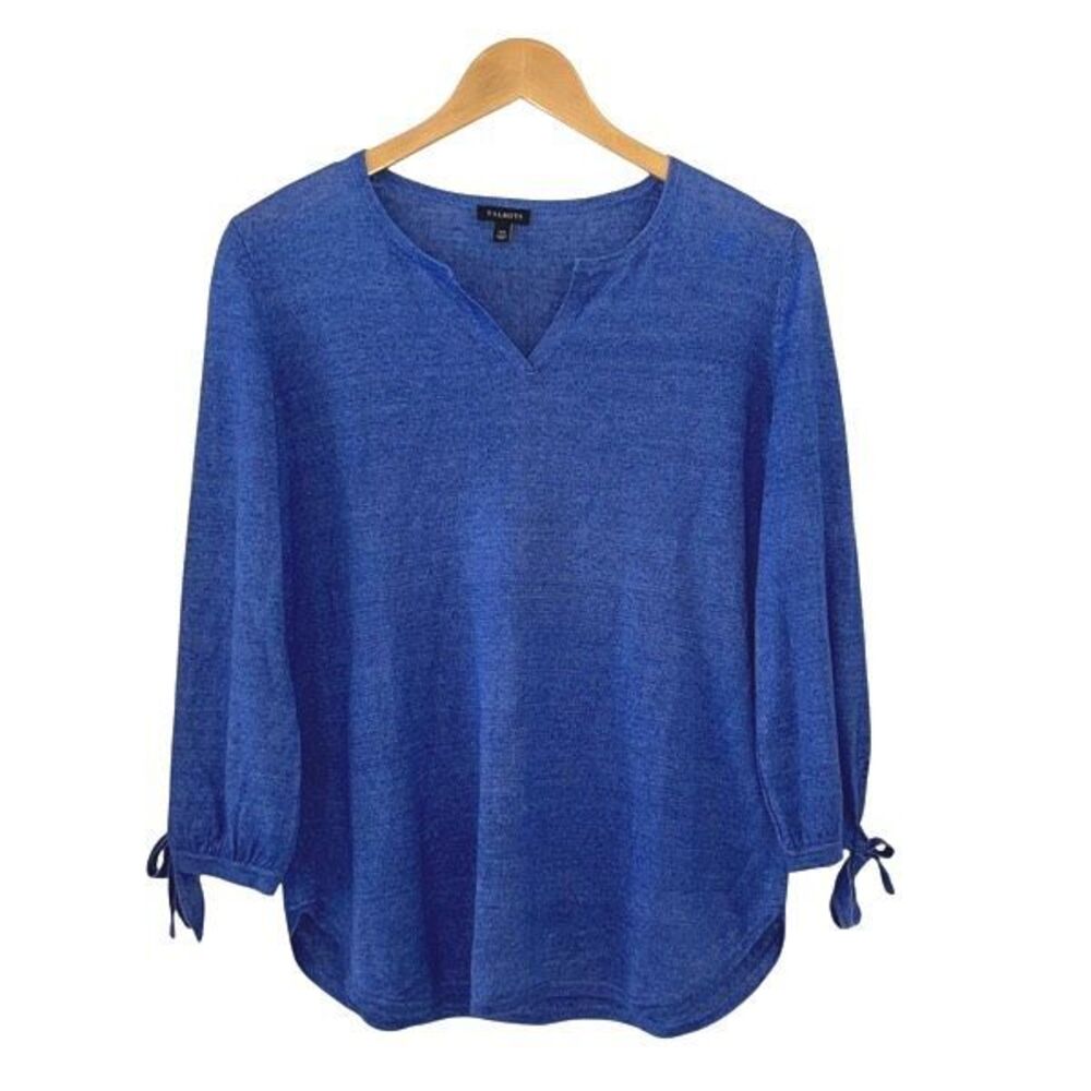 Talbots Womens Split Neck Linen 3/4 Sleeve Knit Pullover Sweater Blue Size XS